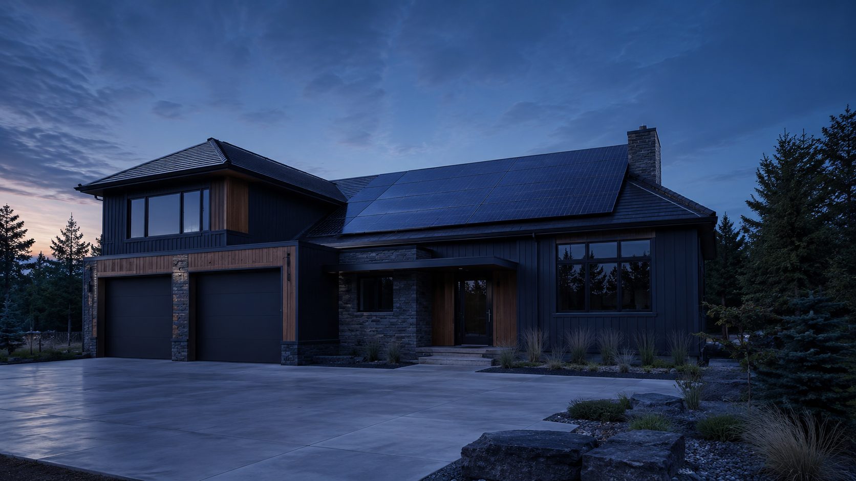 Vivienda con energía solar de noche, con las luces apagadas