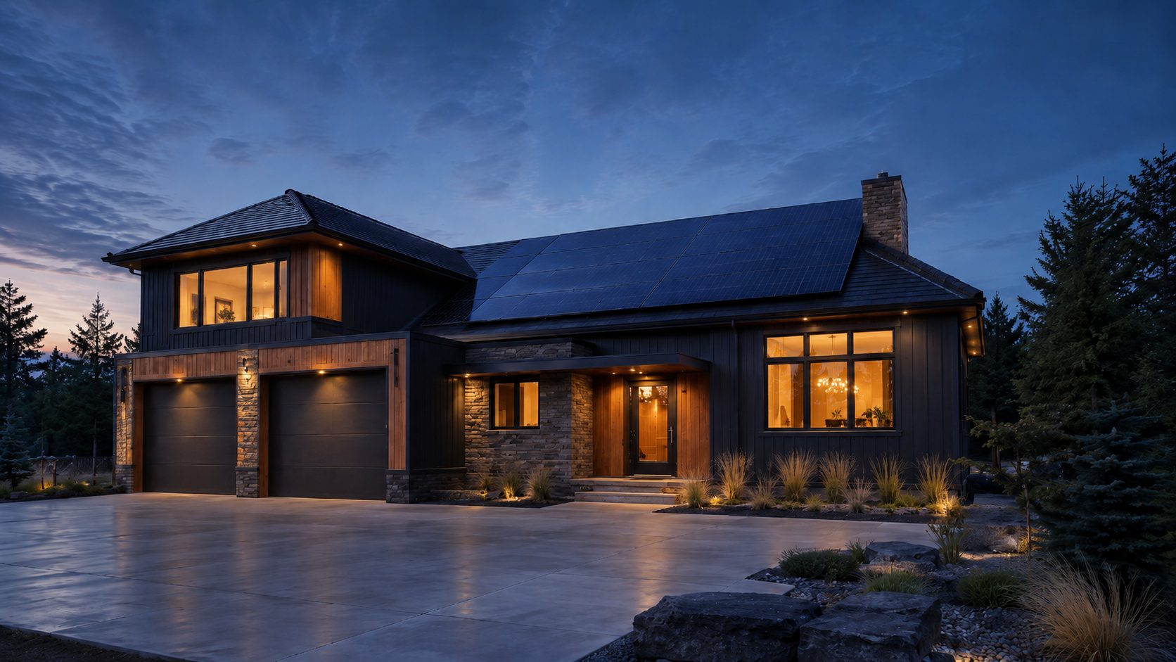La misma vivienda con las luces encendidas gracias a su sistema solar